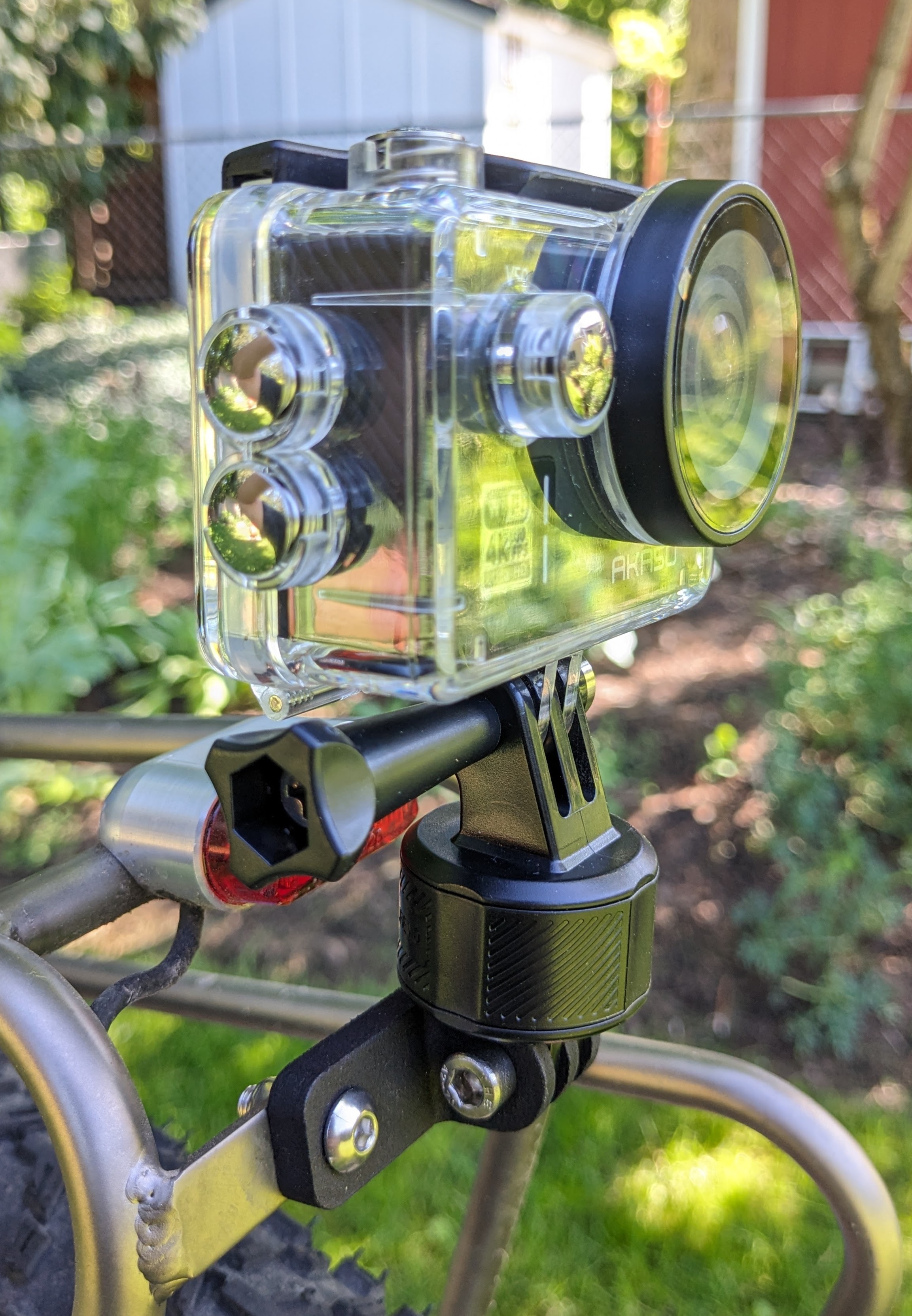 kLite Rear Qube Rack Mount in use with action camera mounted to a bicycle