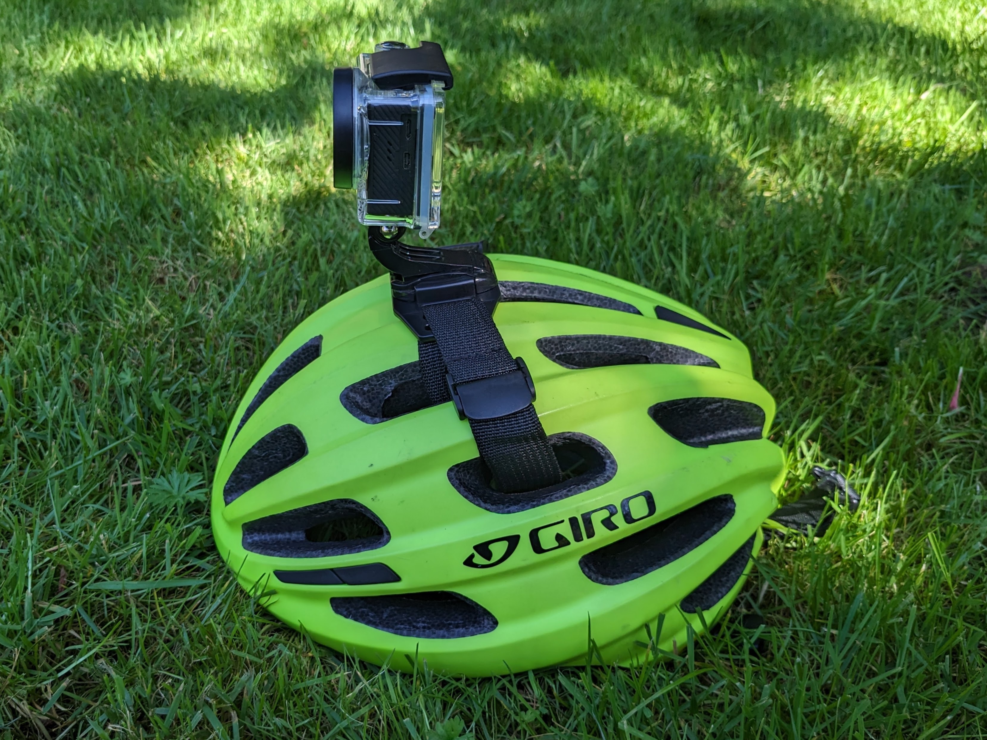 Niewalda brand GoPro helmet mount installed on a helmet with an action camera
